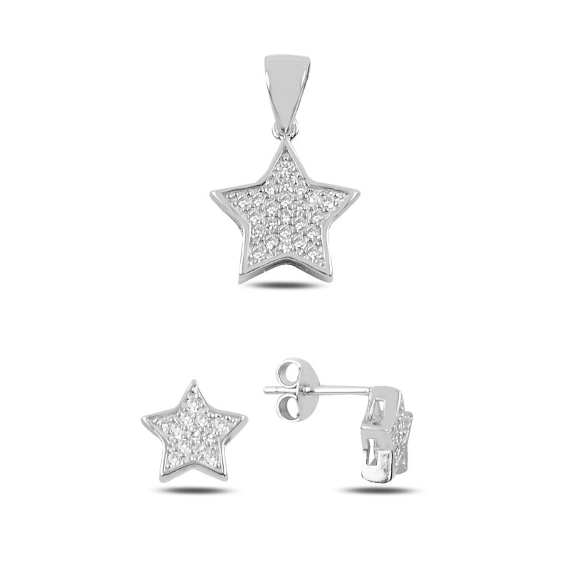Gümüş Zirkon Taşlı Yıldız Küpe & Kolye Ucu Set