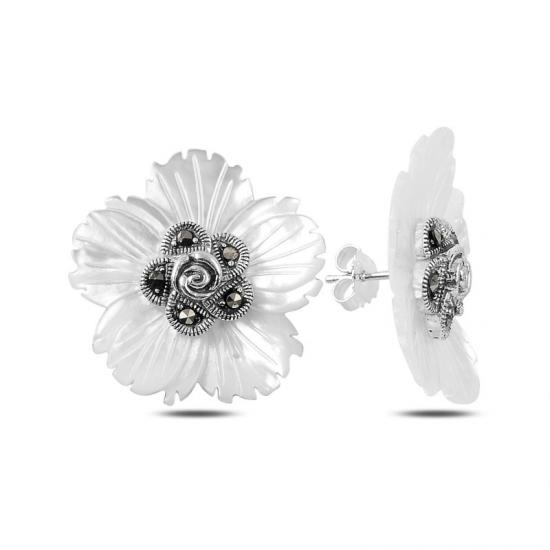 Gümüş Sedef & Markazit Taşlı Çiçek Küpe