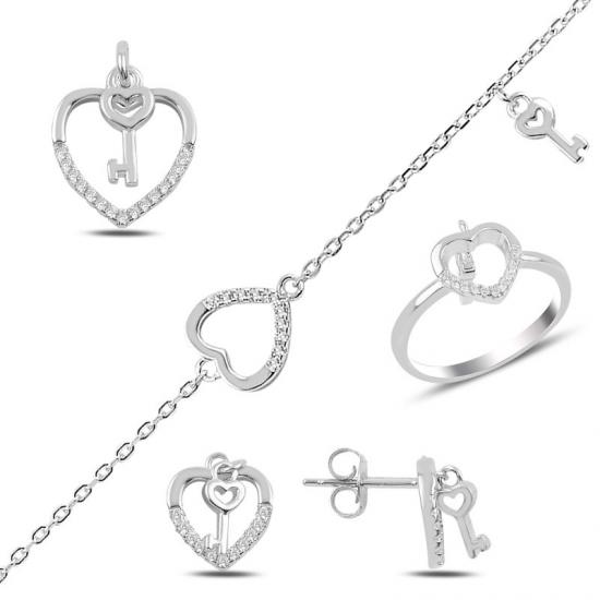 Gümüş Kalp ve Anahtar Zirkon Taşlı Küpe, Kolye Ucu, Bileklik & Yüzük Set